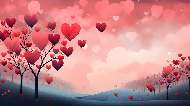 Happy Valentine's Day Background Illustration of Heart-Shaped Tree at Sunset.