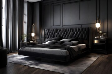 a black luxury bed,  side table , in the bedroom, attractive looks,