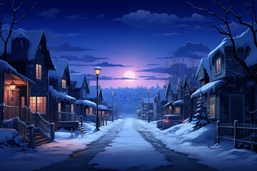 snowy street in cute neighborhood with wooden houses. illustration of cozy winter suburb area