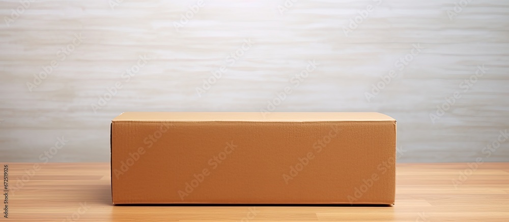 Poster on a bright wooden table there is a mock up empty brown cardboard box with space for text