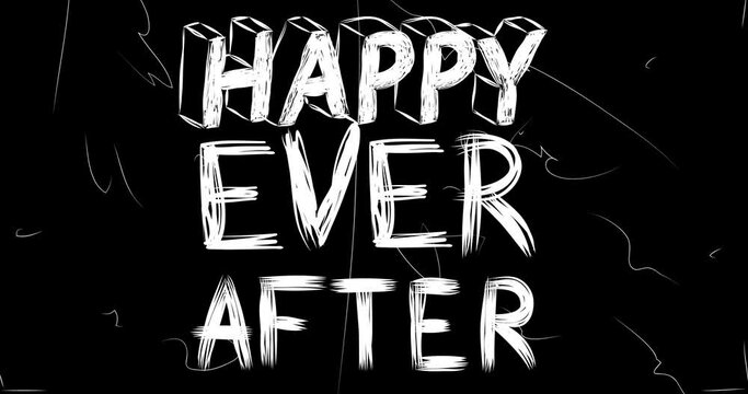 Happy Ever After word animation of old chaotic film strip with grunge effect. Busy destroyed TV, video surface, vintage screen white scratches, cuts, dust and smudges.