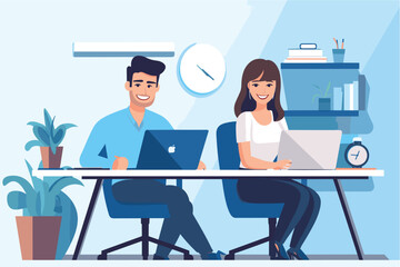 Man and woman working in the office, Business people sitting at table with laptop, illustration