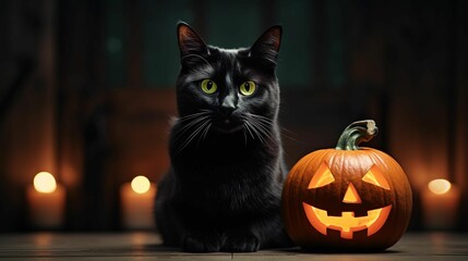 AI generated illustration of a black cat next to an illuminated pumpkin on Halloween