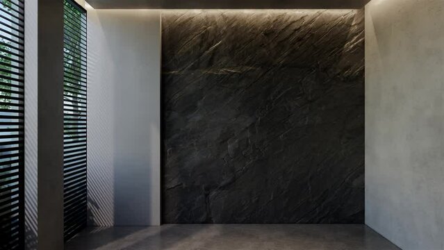 Modern empty space 3D animation, contemporary interior design with natural tones on rooms, walls, floors and ceilings. 3D rendering illustration