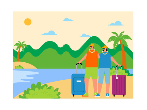 Couple is on vacation in Hawaii. Trip and vacation illustration.