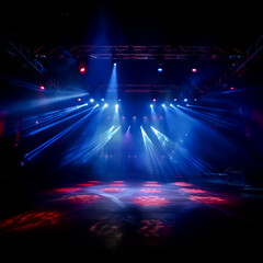 Fototapeta na wymiar Empty concert stage with red-blue spotlights, club, party, EDM music design elements