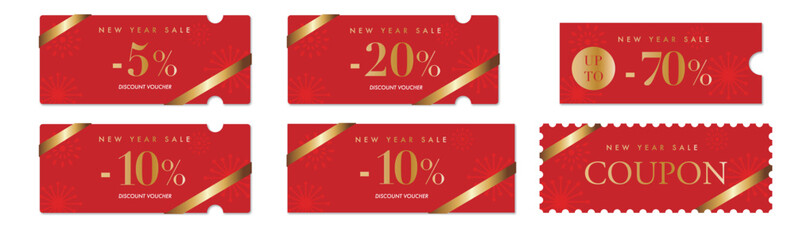 ホリデーセールに使える赤い花火と金リボンのクーポンベクターデザインセット2