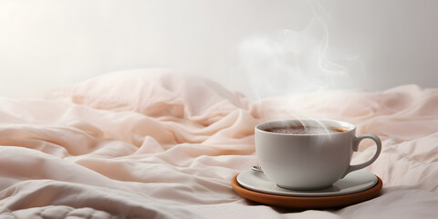 Fototapeta na wymiar Morning Brew Bliss: Steaming Cup of Hot Coffee on a Bed