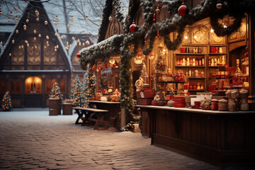 Obraz premium christmas market with cute decorated stalls illuminated with festive lights on evening winter street. cozy atmosphere