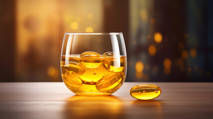 A Glass Full Of Liquid Containing A Mixture Of Edible Fish Oil Capsules, In The Style Of Golden Light