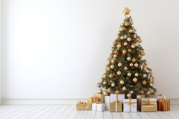 Big Beautiful Christmas Tree with Shiny Baubles and Presents - Close Up,ai generated