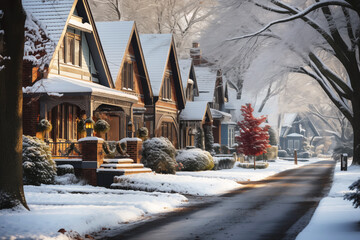 Fototapeta premium cute residential houses in snowy winter neighborhood. christmas holiday season