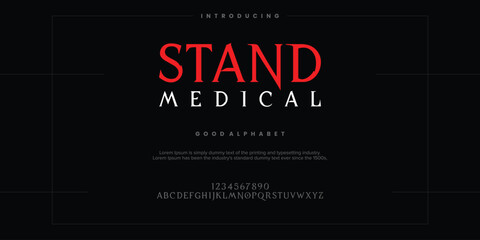 Stand Medical Abstract Fashion font alphabet. Typography typeface vector illustration