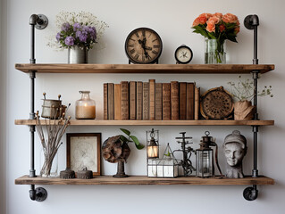 Steampunk Wood Floating Shelf with Tin Frames and Iron Vase