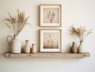 Shabby Chic Wood Floating Shelf with Collage Frames and a Rattan Element
