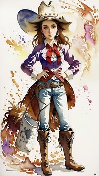 Tall Cartoon Cowgirl. Generative AI. An imaginary animated morphing cartoon cowgirl with watercolor artistic background.	