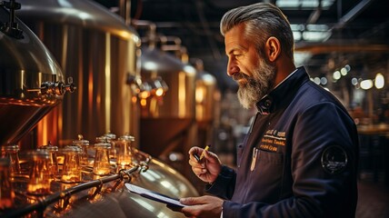 Stylish adult brewer checking the steam-brewed beer procedure . - obrazy, fototapety, plakaty