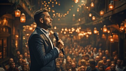 attractive inspirational speaker with a microphone in front of the audience. Man addressing a crowd while under the spotlight..