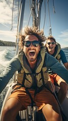 Diving into the sea from a sailing boat, happy friends. - obrazy, fototapety, plakaty