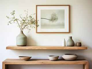 Hickory Wood Floating Shelf with Canvas Frames and a Green Vase