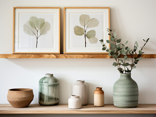 Hickory Wood Floating Shelf with Canvas Frames and Green Vase