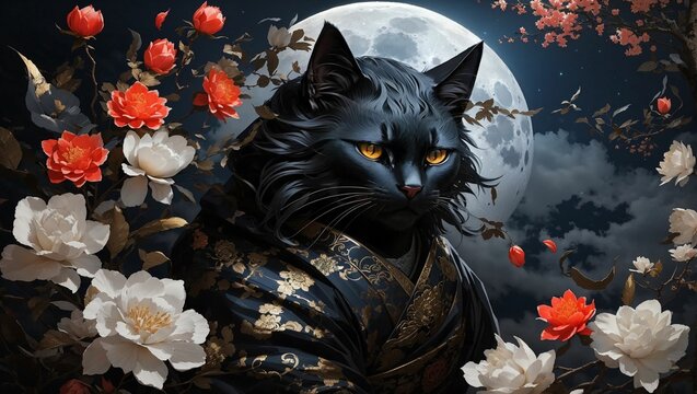 AI generated illustration of a cartoon black cat in a robe on a moonlit background