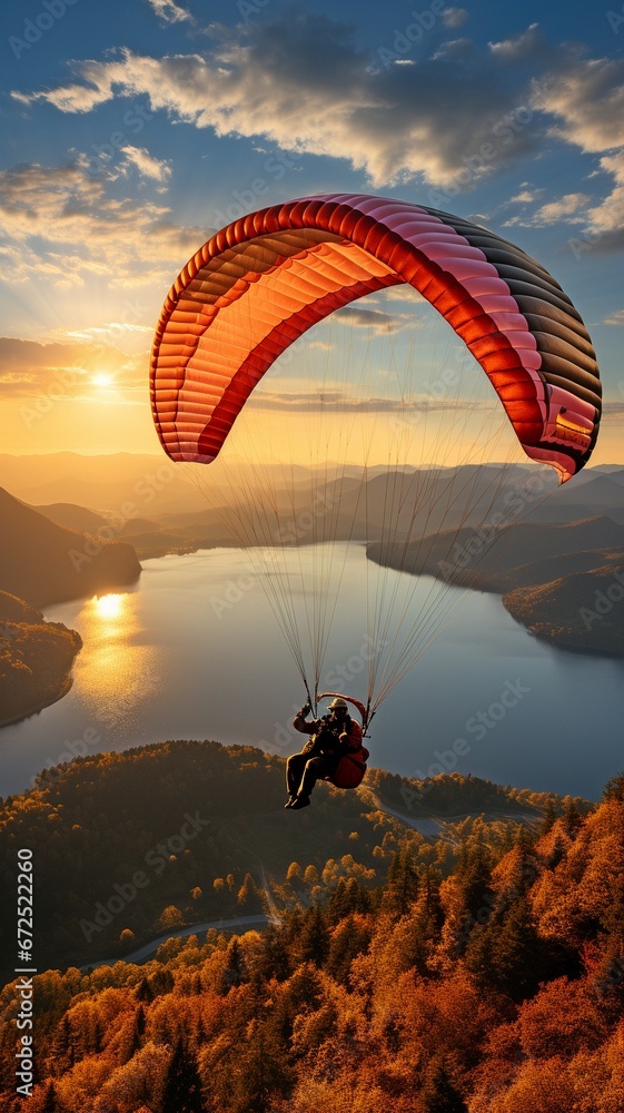 Wall mural a person paragliding at dusk - a concept of adventure, travel, independence, and thrill sports.