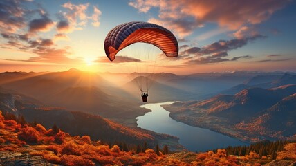 A person paragliding at dusk - A concept of adventure, travel, independence, and thrill sports.