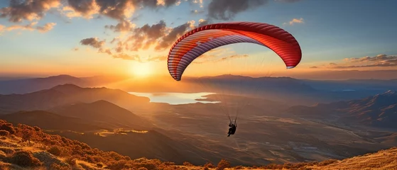 Fotobehang A person paragliding at dusk - A concept of adventure, travel, independence, and thrill sports. © tongpatong