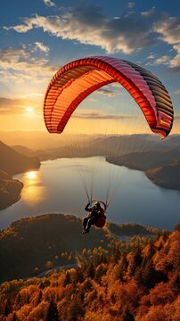 A person paragliding at dusk - A concept of adventure, travel, independence, and thrill sports.