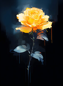 Digital painting, black background, and orange, a drawing of a yellow rose in sharp/thorny style.