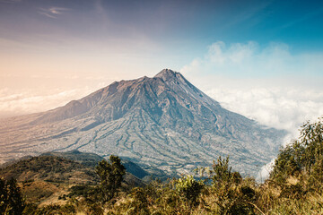 Panoramic view of mount Merapi from its opposite mount Merbabu in central part of Java island in Indonesia, Southeast Asia