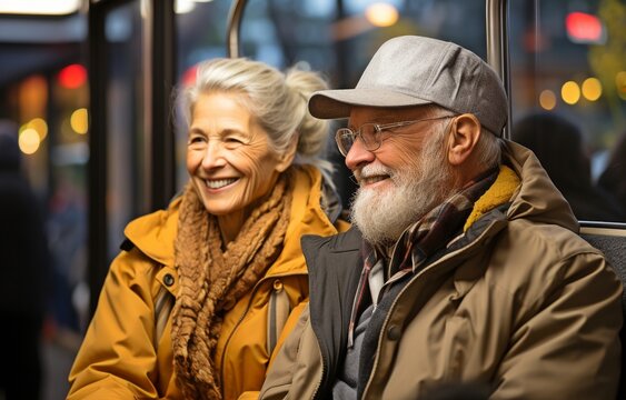 A middle-aged man and a senior woman conversing while riding the tram .