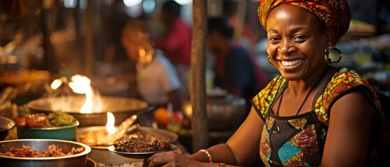 Wearing traditional attire, a senior African woman is cooking at the local food market. .