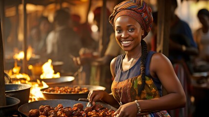 Wearing traditional attire, a senior African woman is cooking at the local food market. . - obrazy, fototapety, plakaty