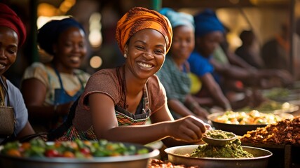 Wearing traditional attire, a senior African woman is cooking at the local food market. . - Powered by Adobe
