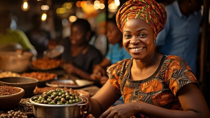 Wearing traditional attire, a senior African woman is cooking at the local food market. . - obrazy, fototapety, plakaty