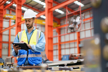 Engineer inspecting a heavy machine in manufacturing factory.