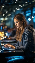 At the data centre, a female IT engineer is using a laptop..