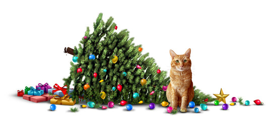 Funny Cat  and Mischievous kitty as a Christmas Tree Mishap as a humorous Holiday kitten with a guilty expression next to a fallen decorated evergreen © freshidea