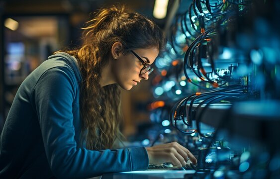 At the data centre, a female IT engineer is using a laptop..