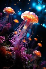 Vibrant orange and purple jellyfish swimming gracefully in the ocean, AI-generated.