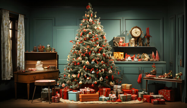 Christmas tree in the living room with presents under it. Minimal retro Christmas and New Year decoration concept