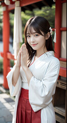神社でお祈りする巫女衣装を着た若い女性