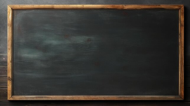 Empty wooden blackboard against a dark colored wall, AI-generated.