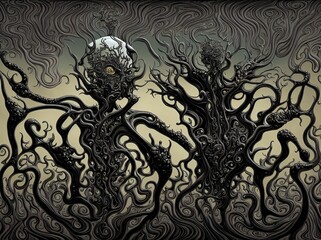 Fototapeta premium AI generated illustration of a chaotic composition of intertwined shapes and patterns