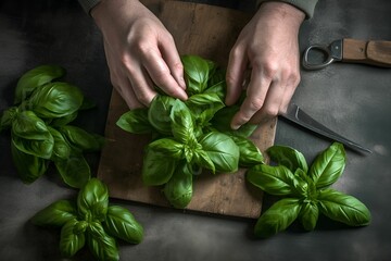 AI generated illustration of the chef working with fresh basil leaves on a wooden cutting board - obrazy, fototapety, plakaty