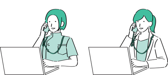 PCを操作しながら電話する女性医師と看護師