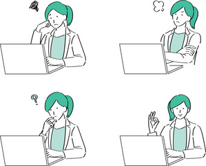 PCを操作する色々な表情の女性医師