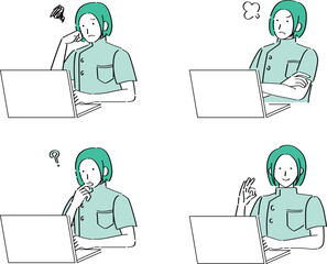 PCを操作する色々な表情の女性医師・看護師
